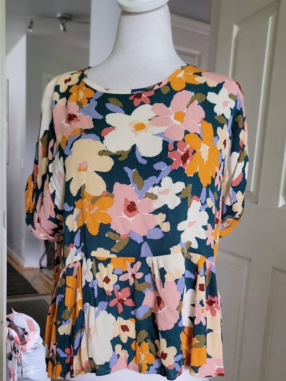 2 Hearts Floral Peplum Top in Teal, Pink & Mustard
